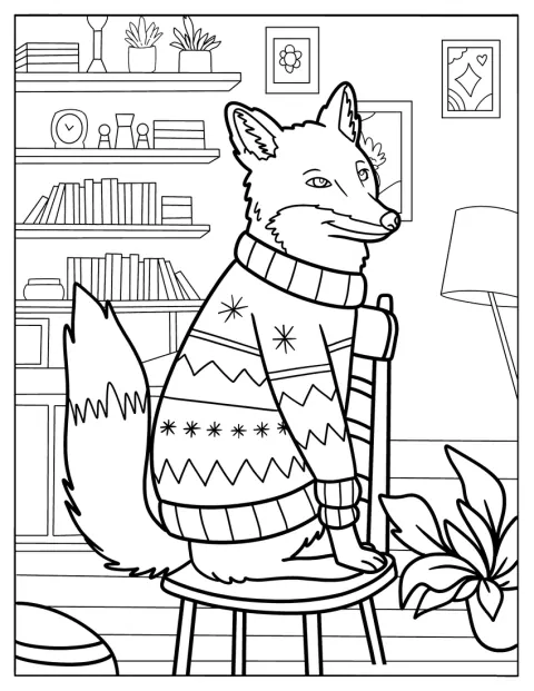 Un renard souriant en pull de Noël est assis sur une chaise.