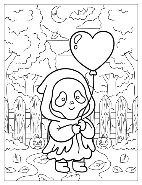 Et søtt kawaii-spøkelse holder en ballong formet som et hjerte.