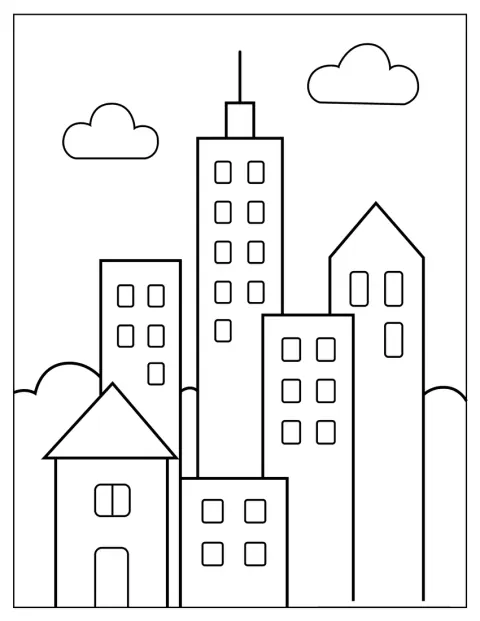 Edifici dalle forme semplici si allineano sotto alcune nuvole nel cielo.