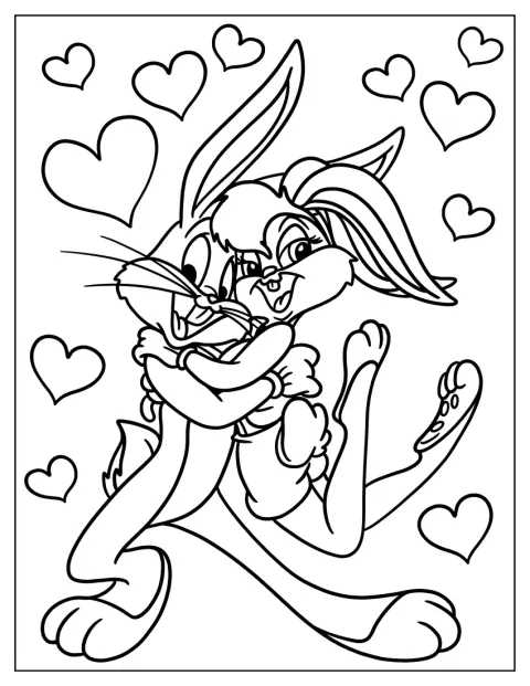 Bugs Bunny y Lola Bunny se abrazan cariñosamente.