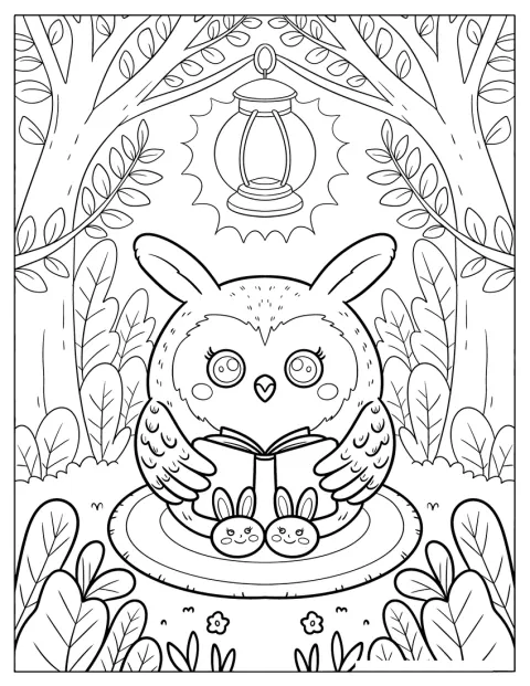 Nerdy Owl Coloring Page Reading under a Lamp