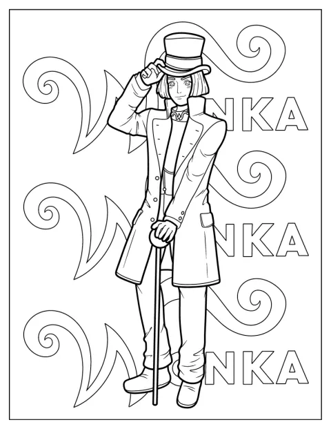 Willy Wonka este ilustrat într-un stil anime kawaii.