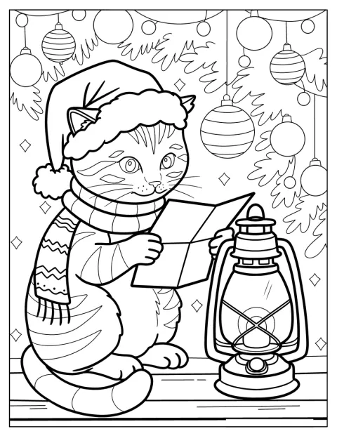 Un chat lit près d’une lanterne dans une ambiance de Noël.
