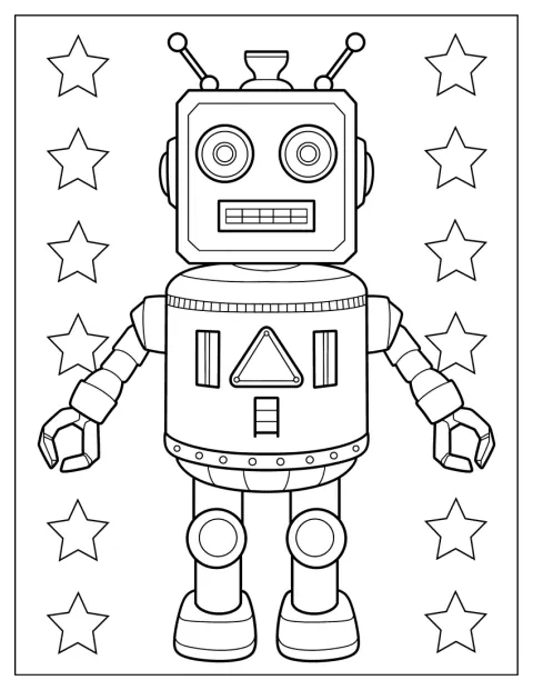 幾何学模様のロボットが星空を背に立っています。