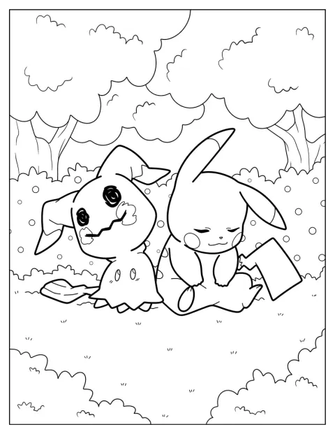 Mimigma sitzt neben Pikachu auf einer Wiese.