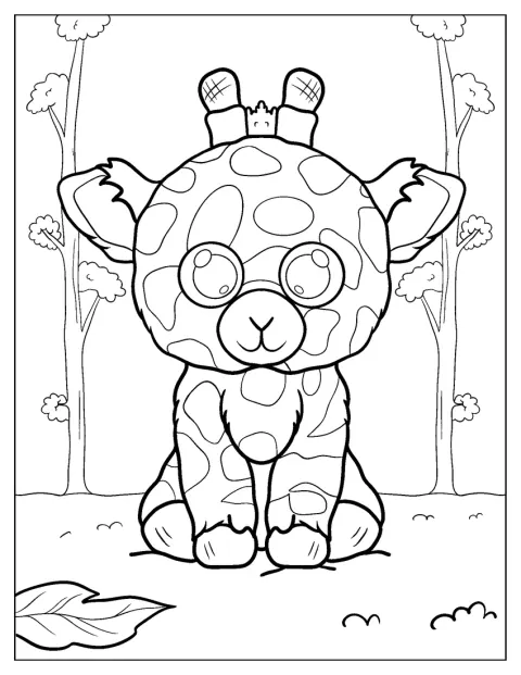 En detaljert sjiraff fra Beanie Boo står blant trær i skogen.