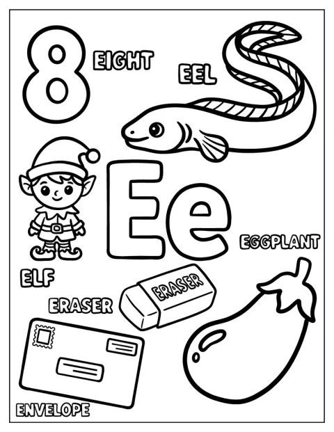 Un ocho, una anguila, un elfo, una goma, una berenjena y un sobre acompañan a la E.