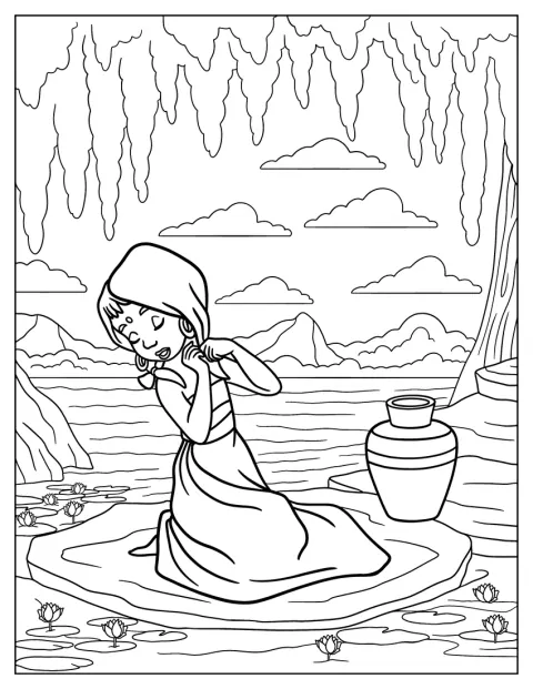 Assise sur un rocher dans la jungle, Shanti arrange ses cheveux.