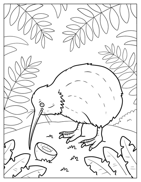 Un kiwi au long bec se tient dans une forêt couverte de feuilles.