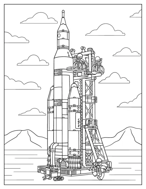 ロケット発射センターで、ロケットが打ち上げを待っています。