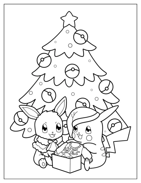 Eevee og Pikachu åbner julegaver sammen.