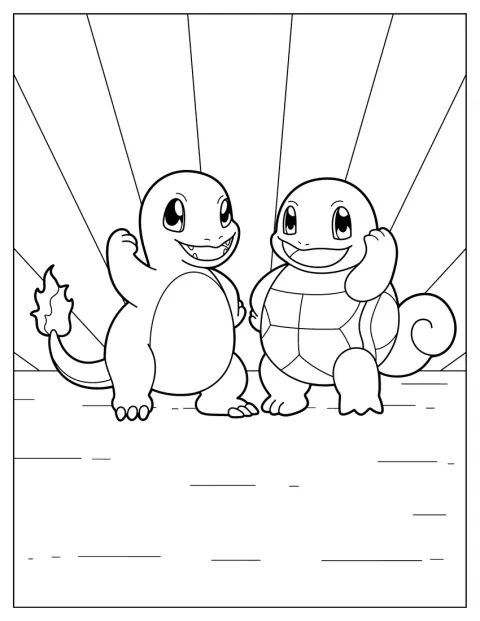 Charmander og Squirtle hilser på hverandre med knyttnevene.