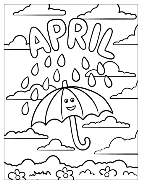 Cartoon Umbrella Under April Coloring Page Shower