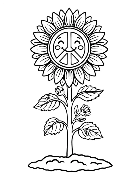 Un signe de paix souriant apparaît au milieu d’un tournesol.