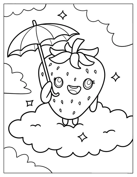 Eine niedliche Erdbeere sitzt mit einem Regenschirm auf einer Wolke.