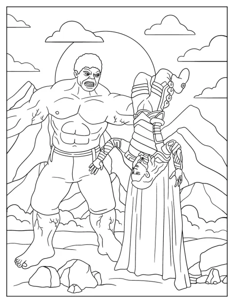 Hulken håller Loki i benen medan han hänger upp och ner.
