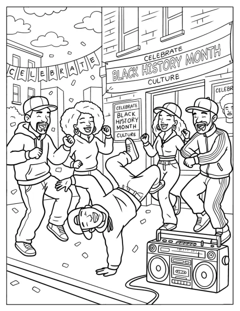 Black History Month Coloring Page of Dancers Celebrating Black History Month