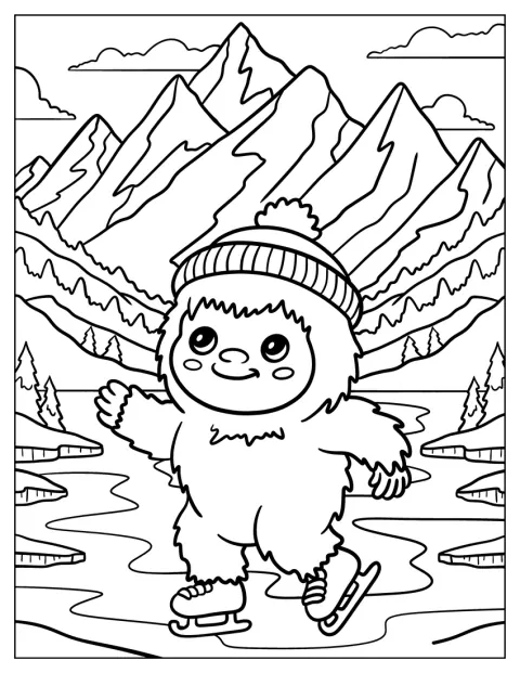 Uroczy Yeti sunie na łyżwach po lodowisku.