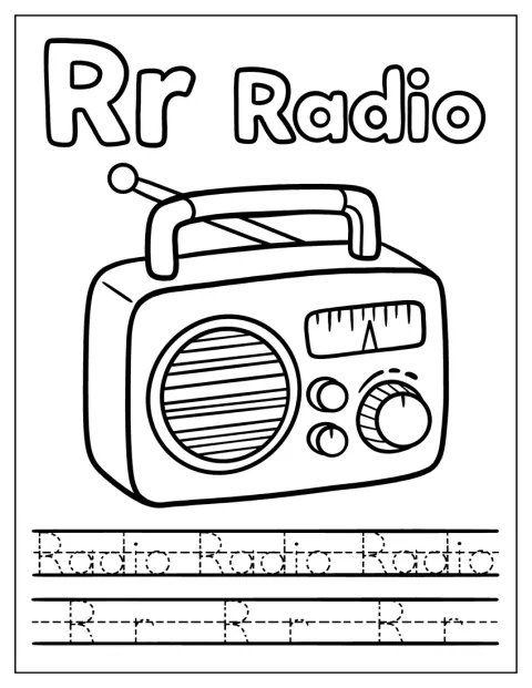 Une radio illustrée accompagne un exercice pour tracer la lettre R.