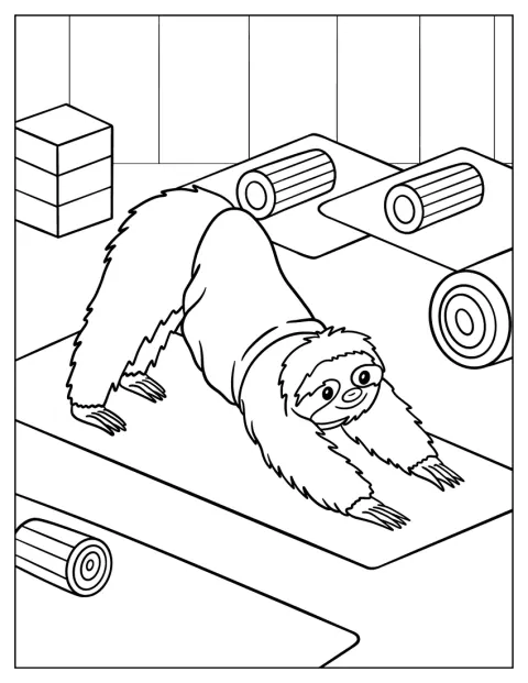 Ein niedliches Faultier streckt sich in der Yoga-Pose des herabschauenden Hundes.
