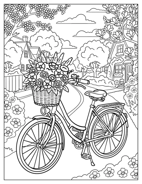 Rower z koszykiem pełnym kwiatów opiera się na nóżce.