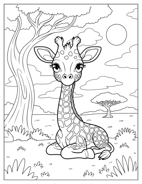 Un girafon paisible se tient dans l’herbe sous le soleil et les nuages.