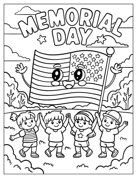 En gruppe børn holder i hånd under et smilende amerikansk flag og teksten »Memorial Day«.