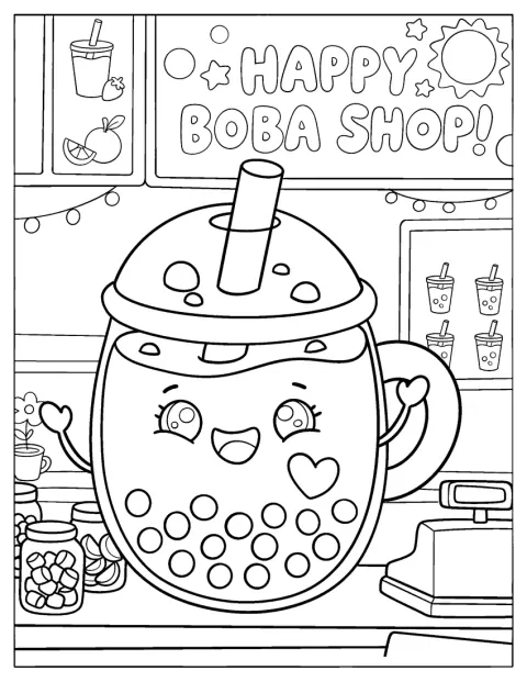 Un bubble tea illustrato è servito in un caffè.