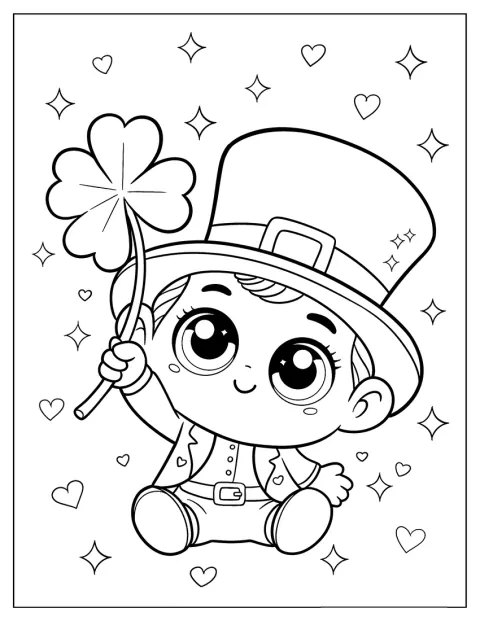 Um duende sorridente em estilo kawaii ergue um trevo.
