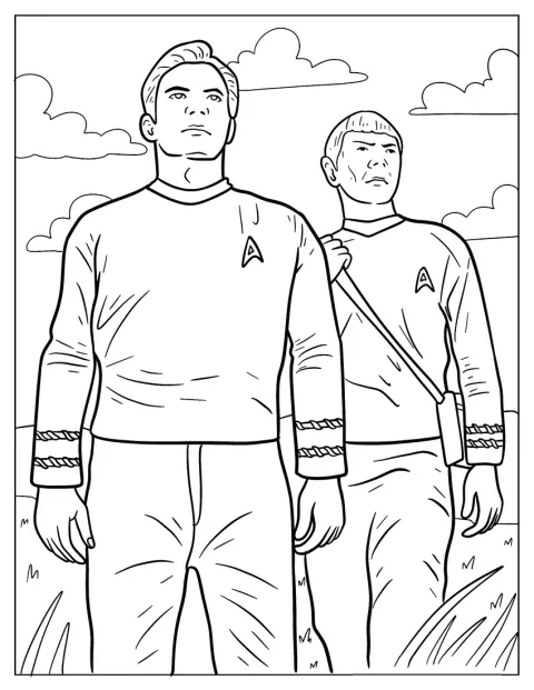 Admiral Kirk ja Spock katsovat ylöspäin yksinkertaisessa ääriviivakuvassa.