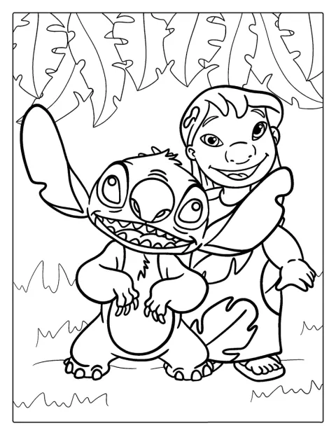 Lilo e Stitch posam rodeados por grandes folhas de bananeira.