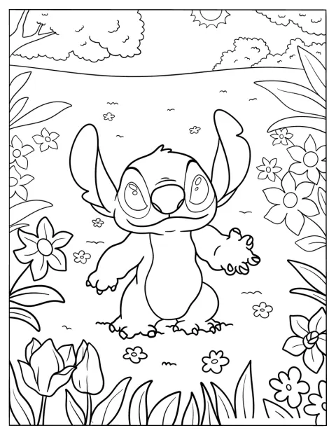 Stitch ler medan han tittar på vårens blommor.