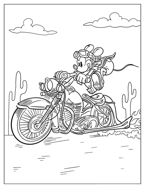 Mickey Mouse conduce una Harley Davidson por el desierto.