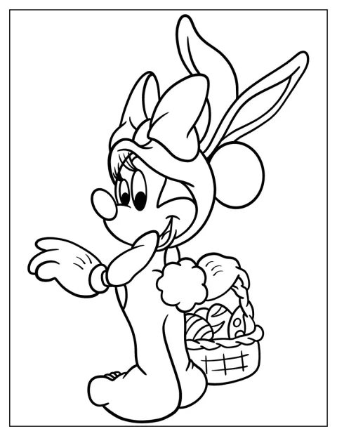 Minnie Mouse er klædt ud som kanin og bærer påskeæg.