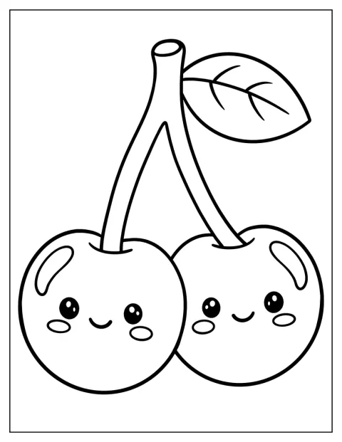 Deux cerises accompagnées de feuilles forment un dessin épuré.