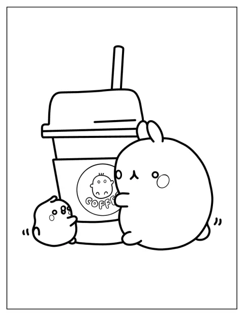 Molang y Piu Piu se abrazan alrededor de una taza de café.