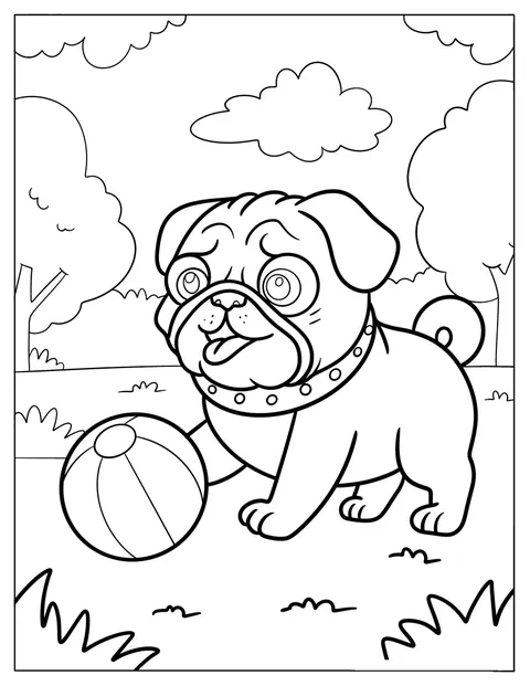 No parque, um Pug está junto a uma bola.