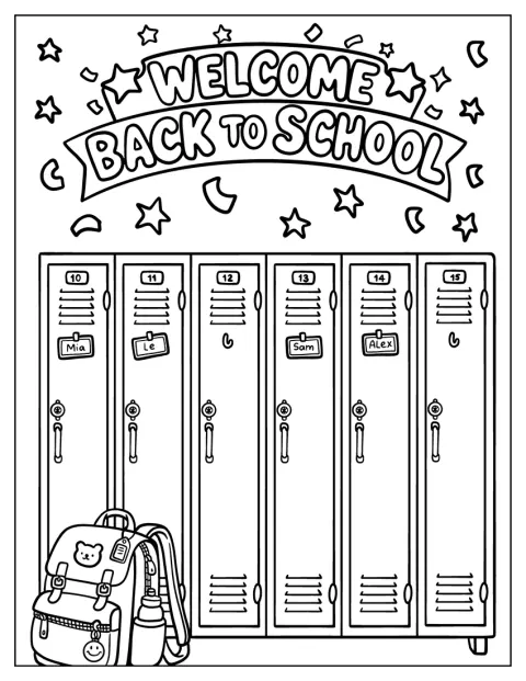 Welcome Back to School Lockers with Backpack Coloring Page
