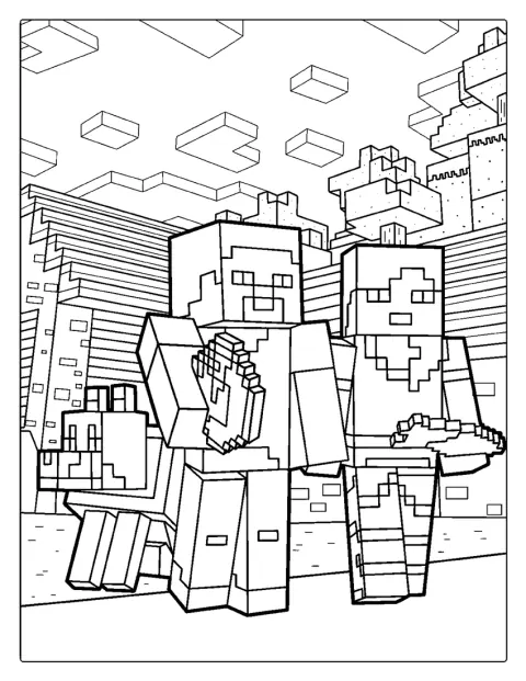 Steve en Alex staan samen met een wolf in Minecraft.