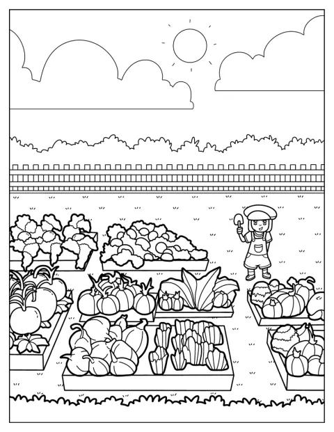 Un jardinero cuida varias parcelas de verduras.