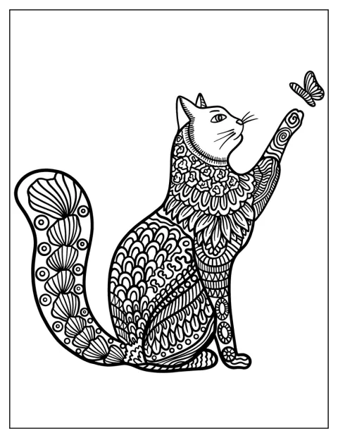 Cat Playing With A Butterfly Animal Mandala Coloring Page