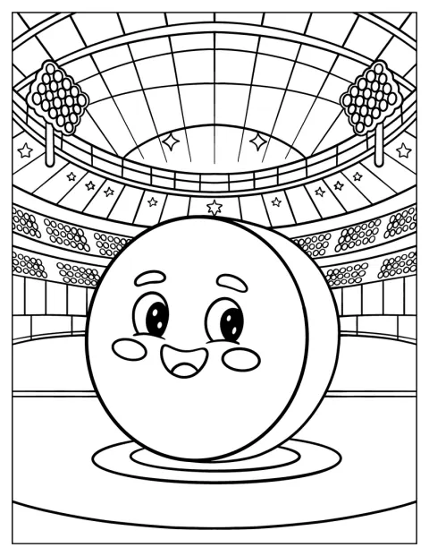Une rondelle au visage kawaii se trouve au milieu d’une patinoire.