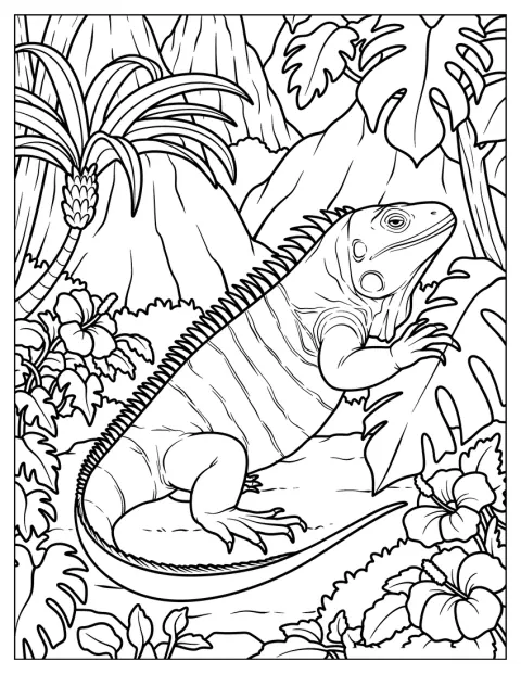 Dans la jungle, un grand iguane tient une feuille entre ses pattes.