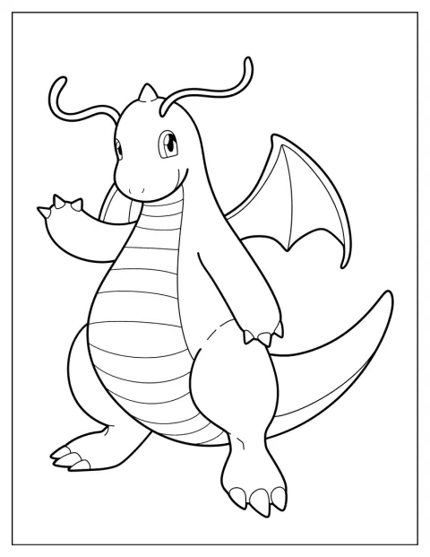 En enkel kontur viser Dragonite stående med vingene synlige.