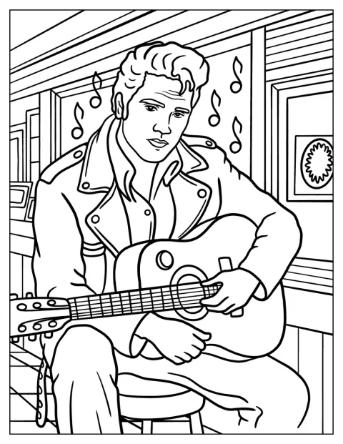 Elvis Presley siedzi przy barze z gitarą, pogrążony w zamyśleniu.