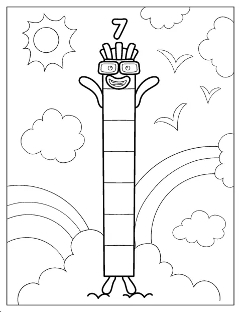 Vysoký Numberblocks 7 stojí vedle barevných duh.