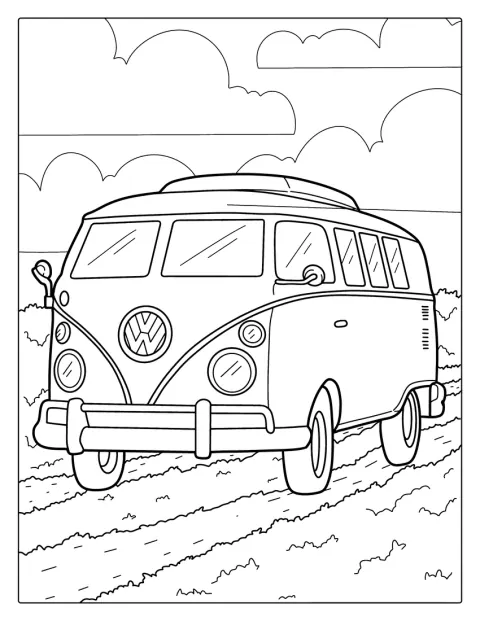 En VW Kombi-buss står parkert ved veien.