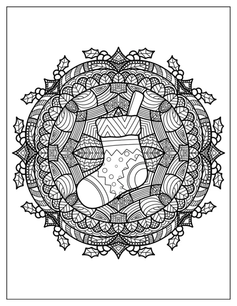 Maretakversieringen vormen een gedetailleerde mandala op een kerstsok.