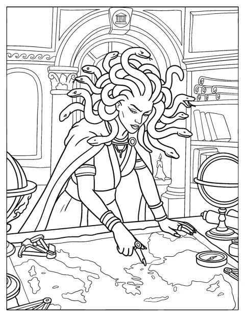 Medusa consulta un mapa entre estanterías de una antigua biblioteca griega.
