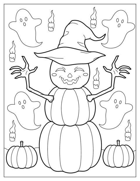 En snögubbe av pumpor bär en spetsig häxhatt.